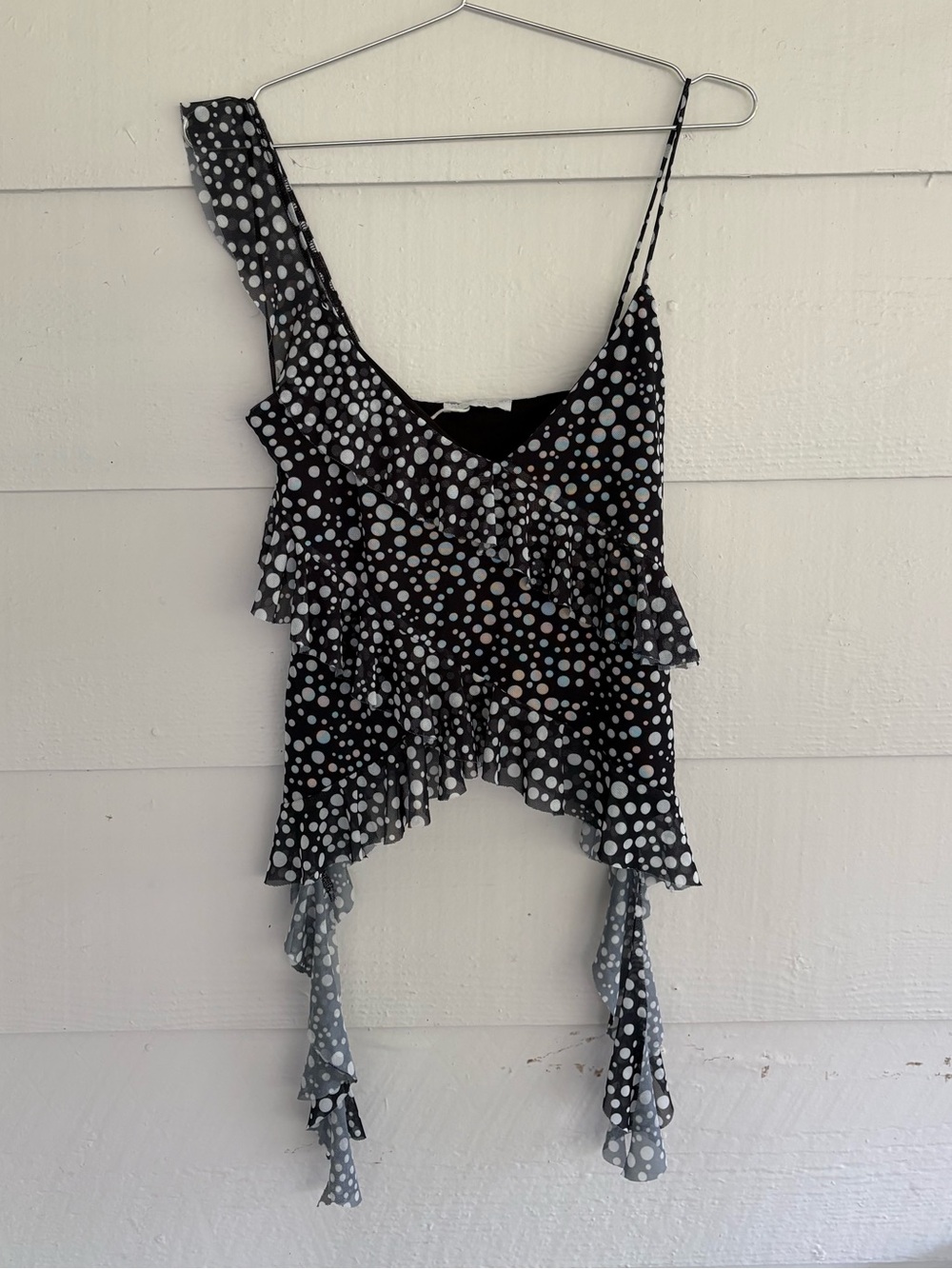 ZARA Black & White Polka Dot Asymmetrical Ruffle Mesh Top Size M Coquette